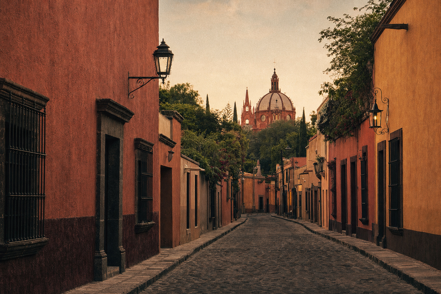 Colonial cobblestone street in San Miguel de Allende, Mexico at golden hour