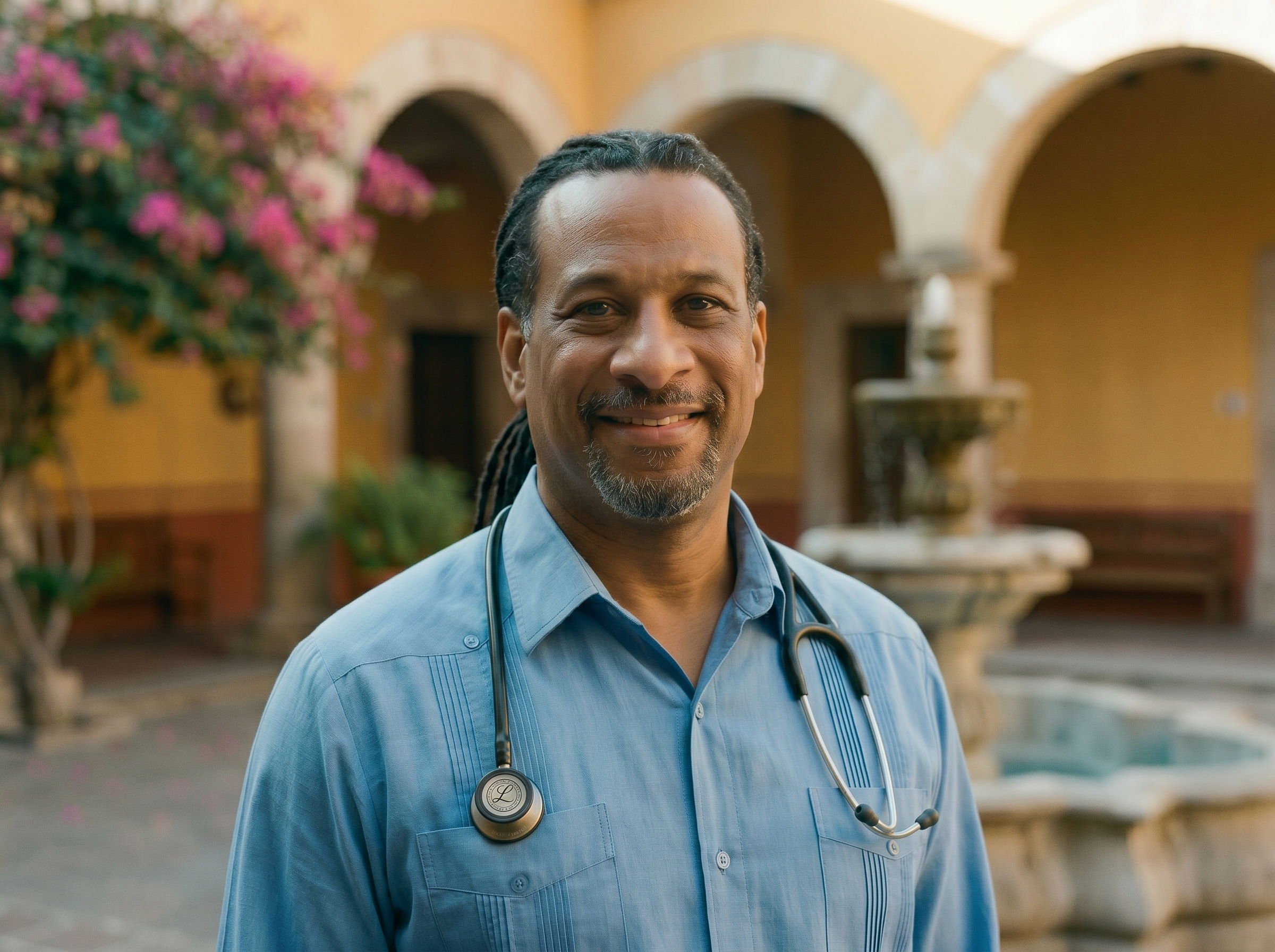 Portrait of Dr. Haywood Hall in a sunlit Mexican colonial courtyard, wearing a guayabera with stethoscope